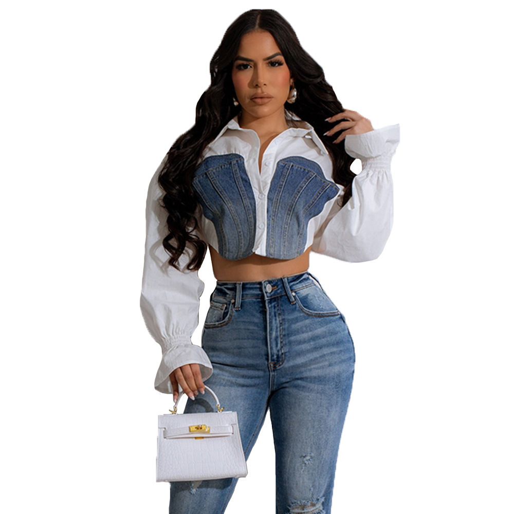 New Product Selection 31894 European and American Trendy Women's Clothing 2024 Autumn New Collection Cowboy Splicing Open Umbilical Trumpet Sleeve Personalized Women's Shirt