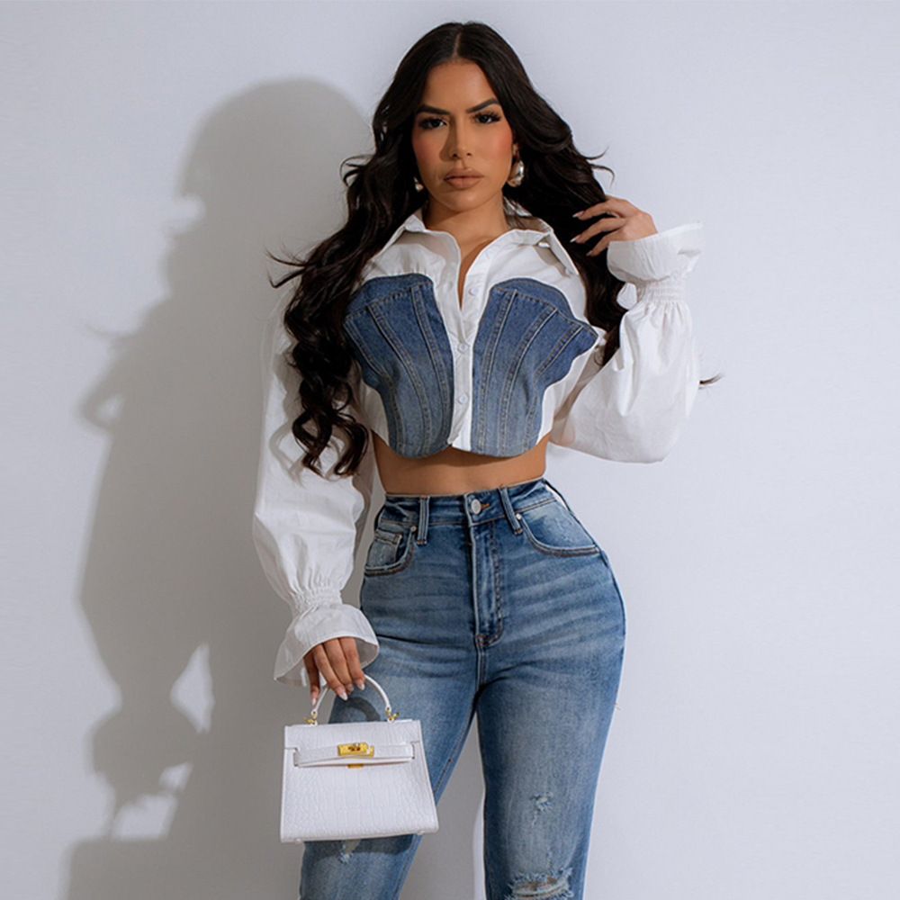 New Product Selection 31894 European and American Trendy Women's Clothing 2024 Autumn New Collection Cowboy Splicing Open Umbilical Trumpet Sleeve Personalized Women's Shirt