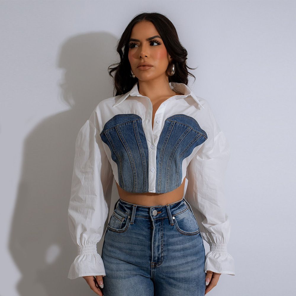 New Product Selection 31894 European and American Trendy Women's Clothing 2024 Autumn New Collection Cowboy Splicing Open Umbilical Trumpet Sleeve Personalized Women's Shirt