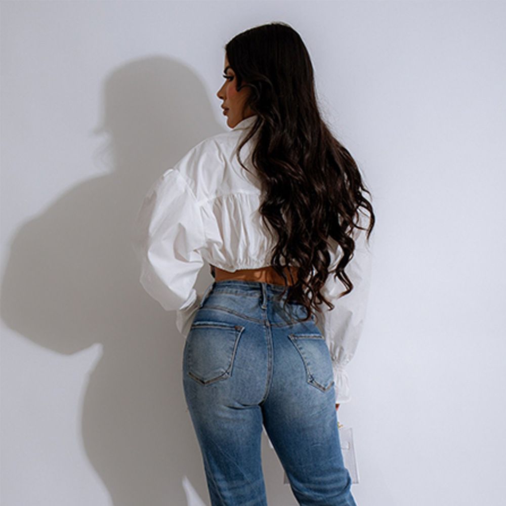 New Product Selection 31894 European and American Trendy Women's Clothing 2024 Autumn New Collection Cowboy Splicing Open Umbilical Trumpet Sleeve Personalized Women's Shirt