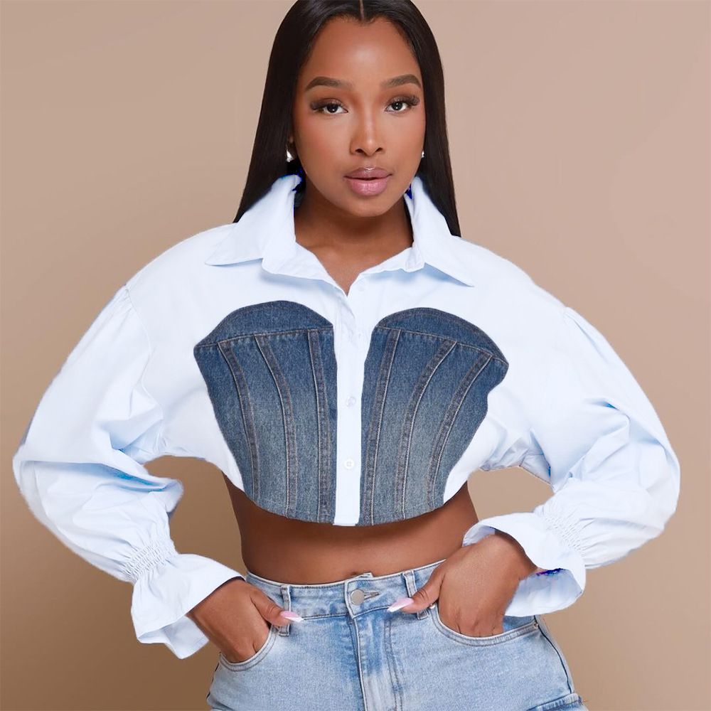 New Product Selection 31894 European and American Trendy Women's Clothing 2024 Autumn New Collection Cowboy Splicing Open Umbilical Trumpet Sleeve Personalized Women's Shirt