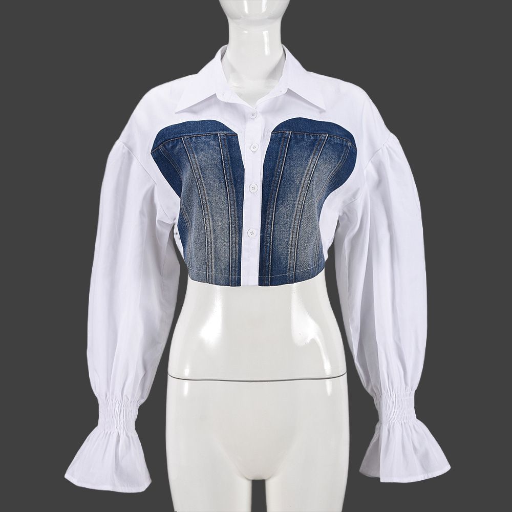 New Product Selection 31894 European and American Trendy Women's Clothing 2024 Autumn New Collection Cowboy Splicing Open Umbilical Trumpet Sleeve Personalized Women's Shirt