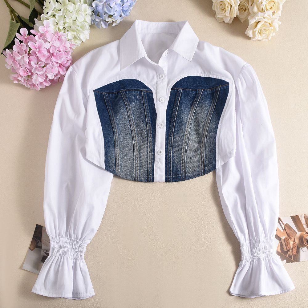 New Product Selection 31894 European and American Trendy Women's Clothing 2024 Autumn New Collection Cowboy Splicing Open Umbilical Trumpet Sleeve Personalized Women's Shirt