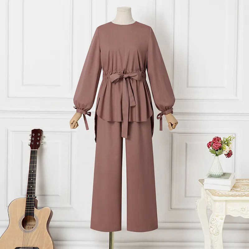New product selection: H730 Muslim women's solid color drawstring tie two-piece set, round neck top, wide leg pants, temperament women's set