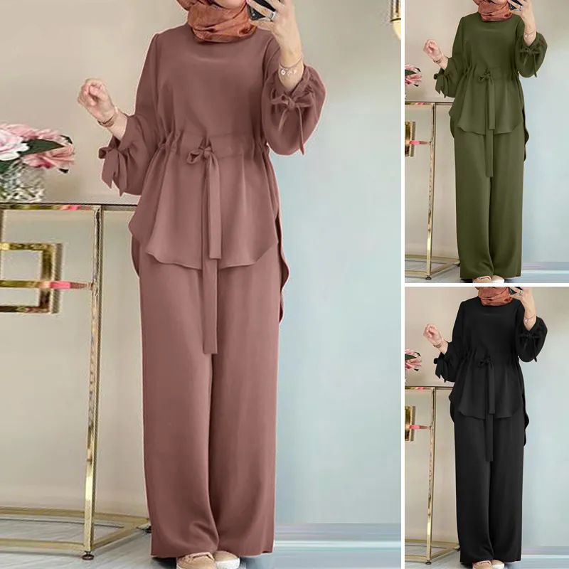 New product selection: H730 Muslim women's solid color drawstring tie two-piece set, round neck top, wide leg pants, temperament women's set