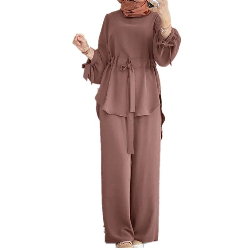 New product selection: H730 Muslim women's solid color drawstring tie two-piece set, round neck top, wide leg pants, temperament women's set