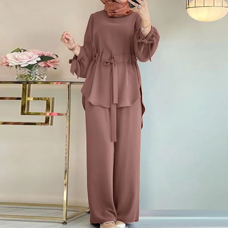 New product selection: H730 Muslim women's solid color drawstring tie two-piece set, round neck top, wide leg pants, temperament women's set