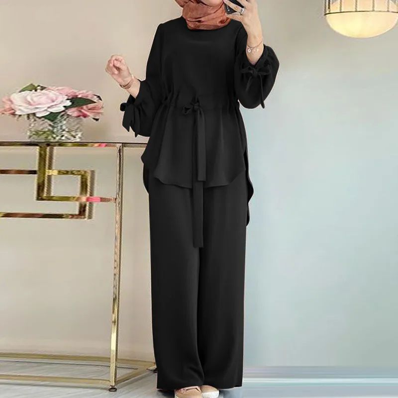 New product selection: H730 Muslim women's solid color drawstring tie two-piece set, round neck top, wide leg pants, temperament women's set