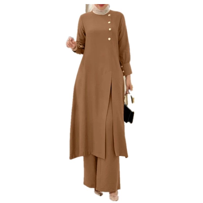 New Product Selection H718 Muslim Women's Two Piece Set Fashionable and Elegant Solid Color Irregular Long Shirt Top Wide Leg Pants Robe