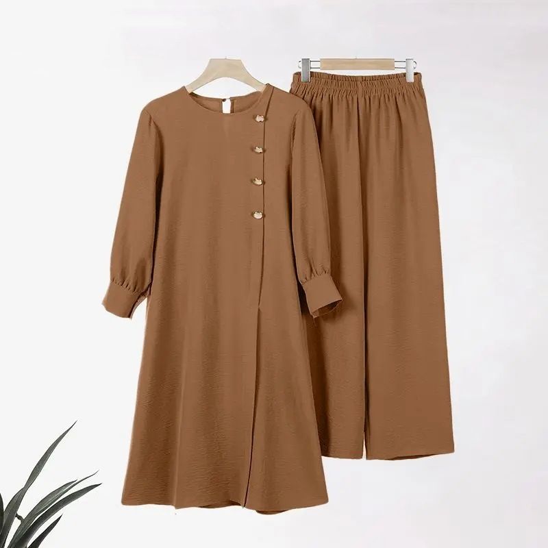 New Product Selection H718 Muslim Women's Two Piece Set Fashionable and Elegant Solid Color Irregular Long Shirt Top Wide Leg Pants Robe