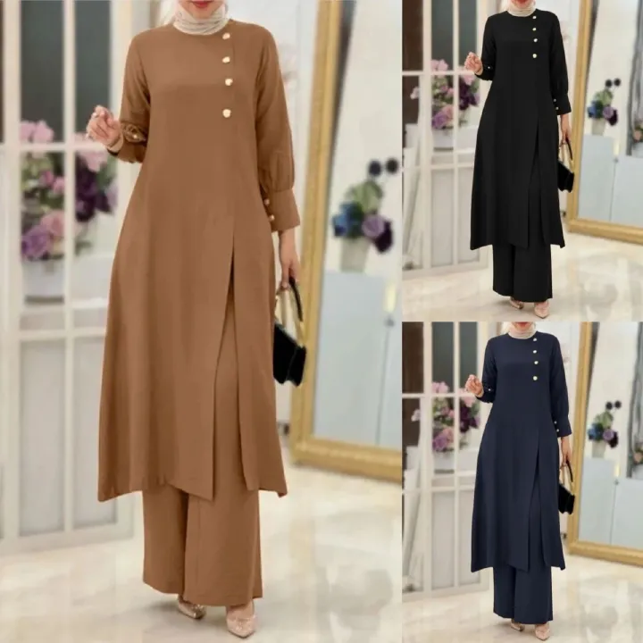 New Product Selection H718 Muslim Women's Two Piece Set Fashionable and Elegant Solid Color Irregular Long Shirt Top Wide Leg Pants Robe