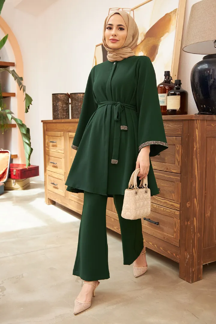 New Product Selection 2216 # Cross border Foreign Trade Middle East, Europe and America Muslim Women's Fashion Hot Diamond Loose Top Bellbottom Pants 2-piece Set