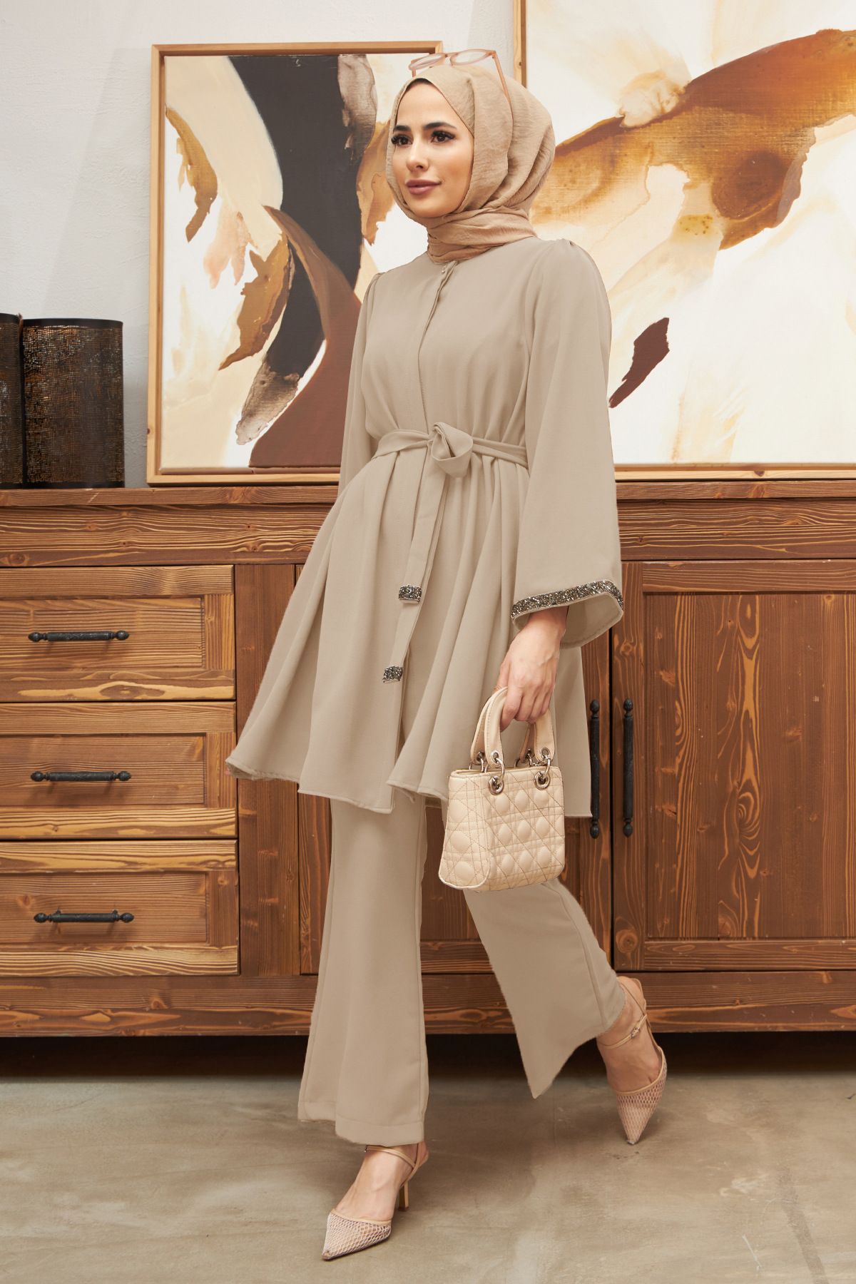 New Product Selection 2216 # Cross border Foreign Trade Middle East, Europe and America Muslim Women's Fashion Hot Diamond Loose Top Bellbottom Pants 2-piece Set