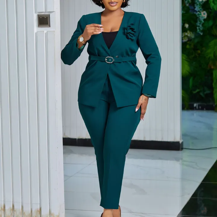 New Product Selection D3343 European and American Cross border Women's Clothing 2025 Autumn/Winter New Collection Solid Color Fashion Suit Pants Two Piece Set African Set