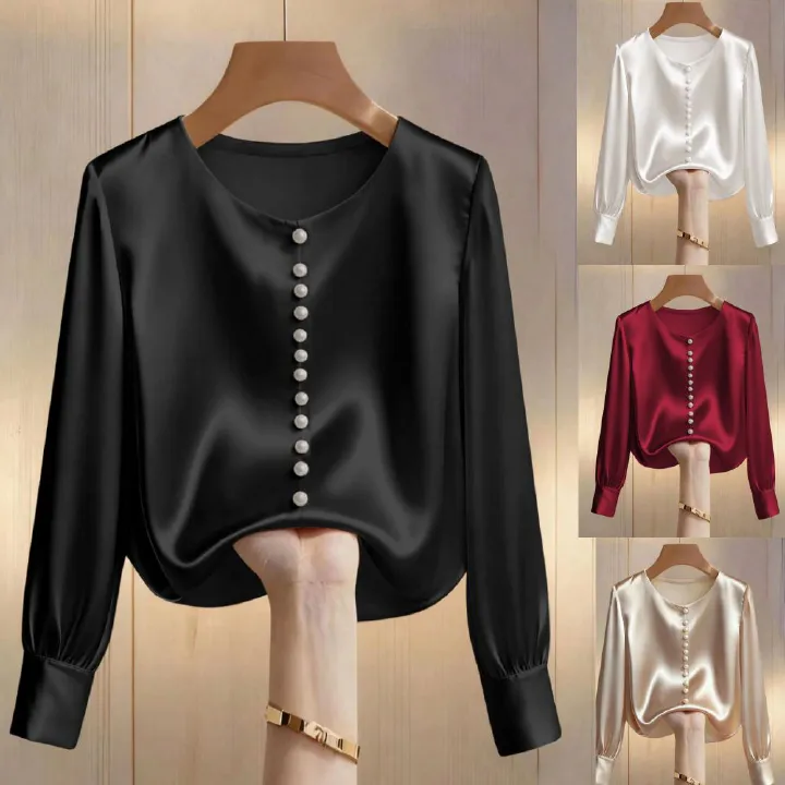 New Product Selection: Cross border Women's Fashion Solid Color Nail Bead Satin Long Sleeve Round Neck Elegant Top T-shirt from Europe and America