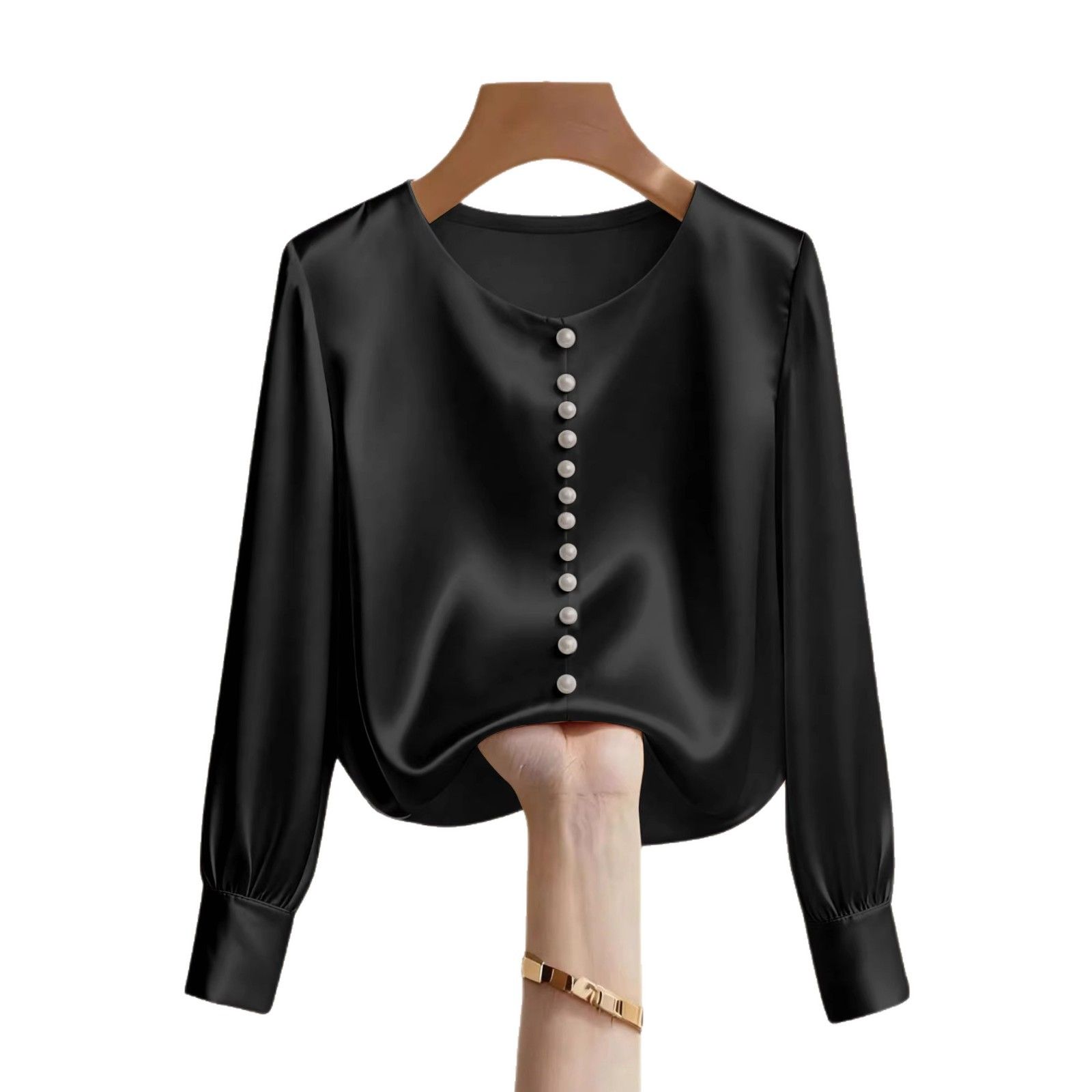 New Product Selection: Cross border Women's Fashion Solid Color Nail Bead Satin Long Sleeve Round Neck Elegant Top T-shirt from Europe and America