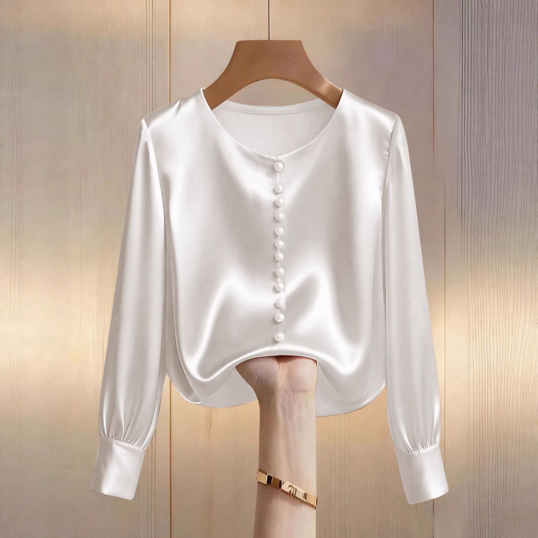 New Product Selection: Cross border Women's Fashion Solid Color Nail Bead Satin Long Sleeve Round Neck Elegant Top T-shirt from Europe and America