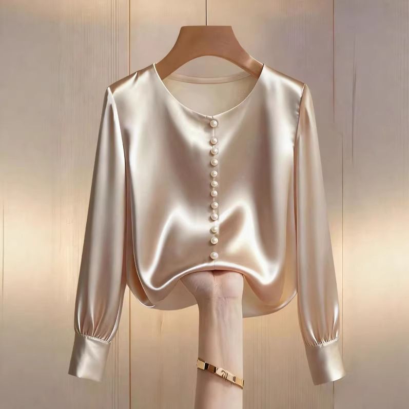 New Product Selection: Cross border Women's Fashion Solid Color Nail Bead Satin Long Sleeve Round Neck Elegant Top T-shirt from Europe and America