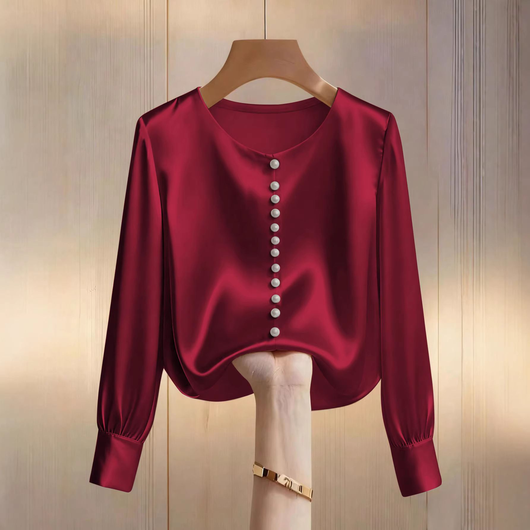 New Product Selection: Cross border Women's Fashion Solid Color Nail Bead Satin Long Sleeve Round Neck Elegant Top T-shirt from Europe and America