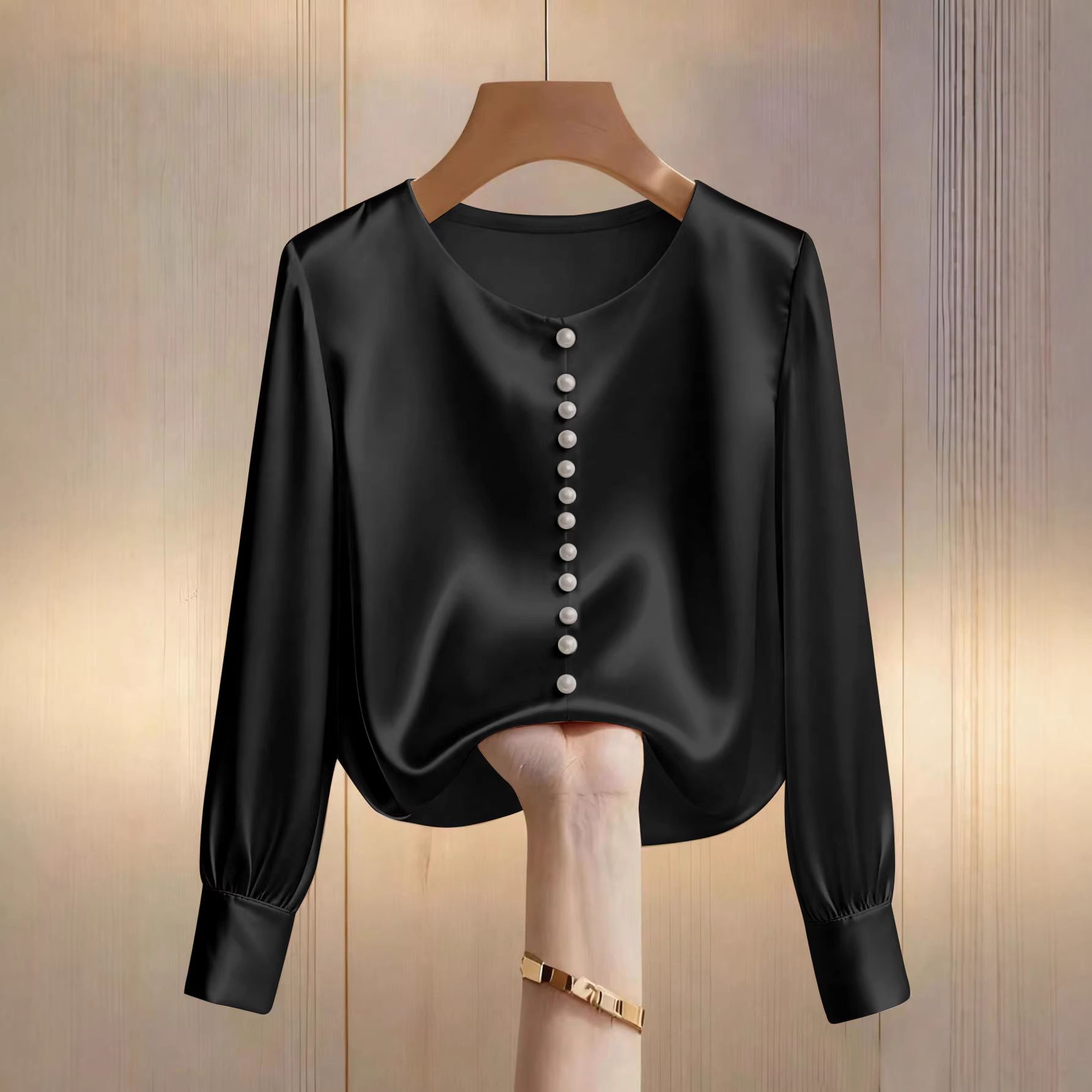 New Product Selection: Cross border Women's Fashion Solid Color Nail Bead Satin Long Sleeve Round Neck Elegant Top T-shirt from Europe and America