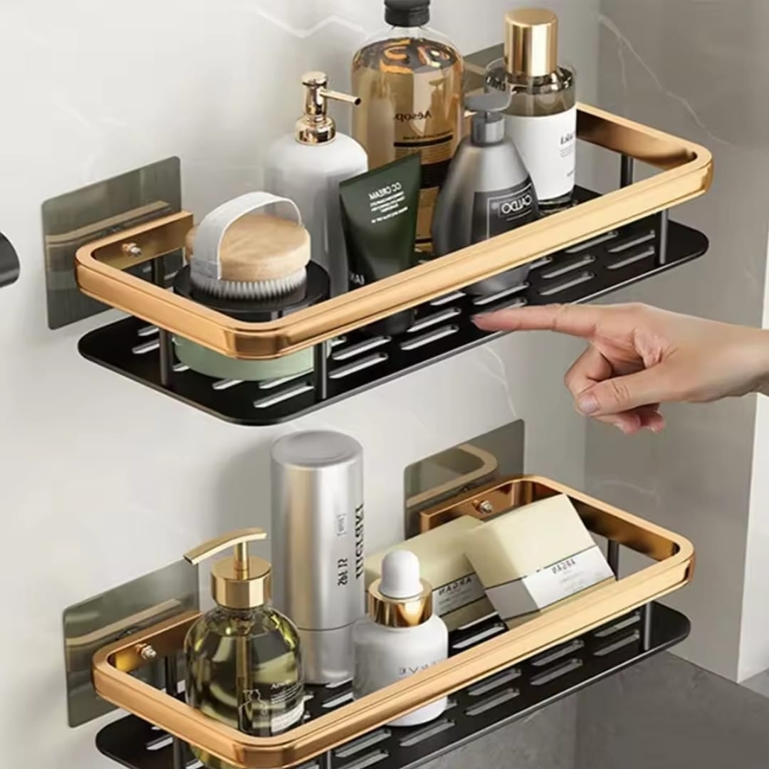 2 pcs Aluminum Alloy Rectangular Shelf – Rust‑Proof Kitchen & Bathroom Organizer (Black & Gold)