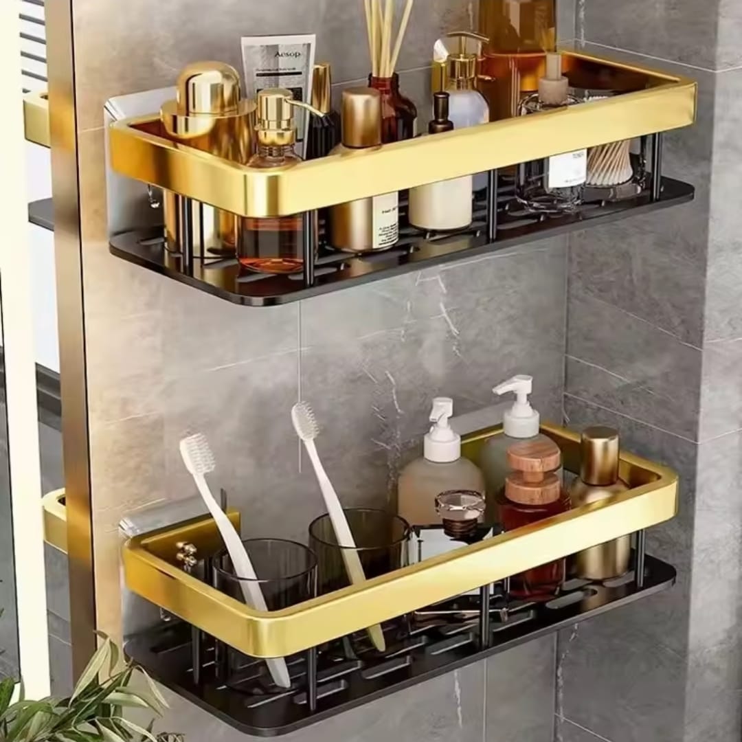 2 pcs Aluminum Alloy Rectangular Shelf – Rust‑Proof Kitchen & Bathroom Organizer (Black & Gold)