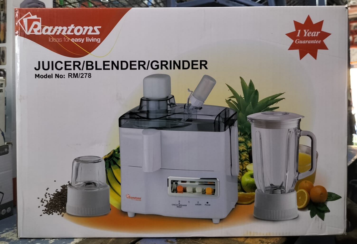 CLEARANCE OFFER!!! RAMTONS 3-IN-1 JUICER/ BLENDER/GRINDER RM/278 (500 W, 1000 ml Blender, 50 g Grinder Mill, 200rpm Juicer, 9-11 Blender, 3 Speeds, Stainless Steel Sharp Spinner, Circuit Breaker)