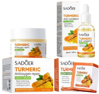 3 Packs Sadoer Turmeric Soap Bar + Serum + Cream Skin Care for Shower, Smoothing and Cleanses Skin Face Wash Soap Face Serum, Face Wash Oily Skin Bar Soap for Face and Body (Serum Soap Set)