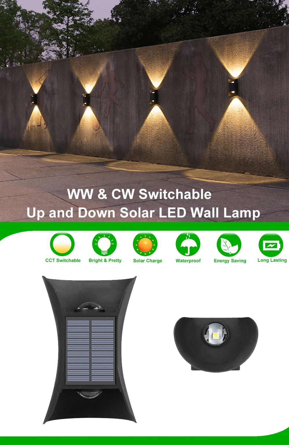 2 Pieces Set Up and Down Wall Light Outdoor Solar Energy Powered LED Lights ABS Exterior CCT Switchable Solar Lamp IP65 Outside Wall lamp