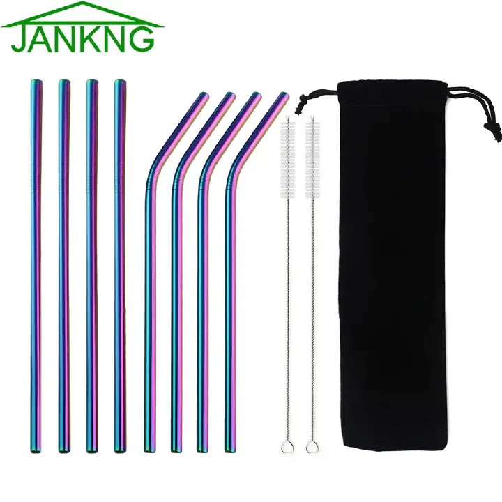 10 Pieces Set 100% Food Grade Reusable Drinking Straw 304 Stainless Steel Straws Straight Bent Metal Straw with Cleaner Brush Pouch