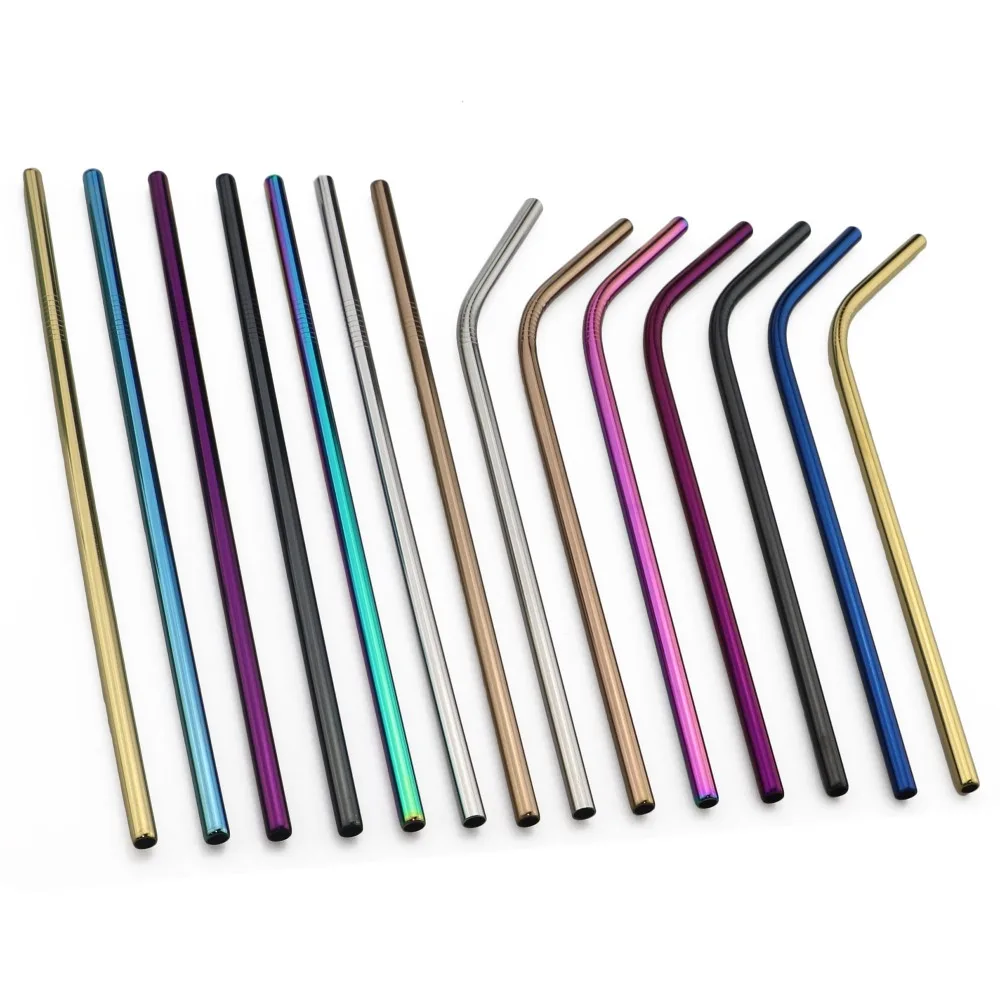 10 Pieces Set 100% Food Grade Reusable Drinking Straw 304 Stainless Steel Straws Straight Bent Metal Straw with Cleaner Brush Pouch