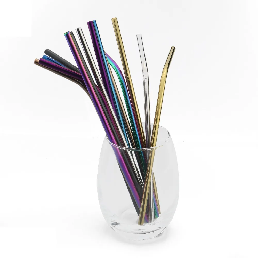 10 Pieces Set 100% Food Grade Reusable Drinking Straw 304 Stainless Steel Straws Straight Bent Metal Straw with Cleaner Brush Pouch