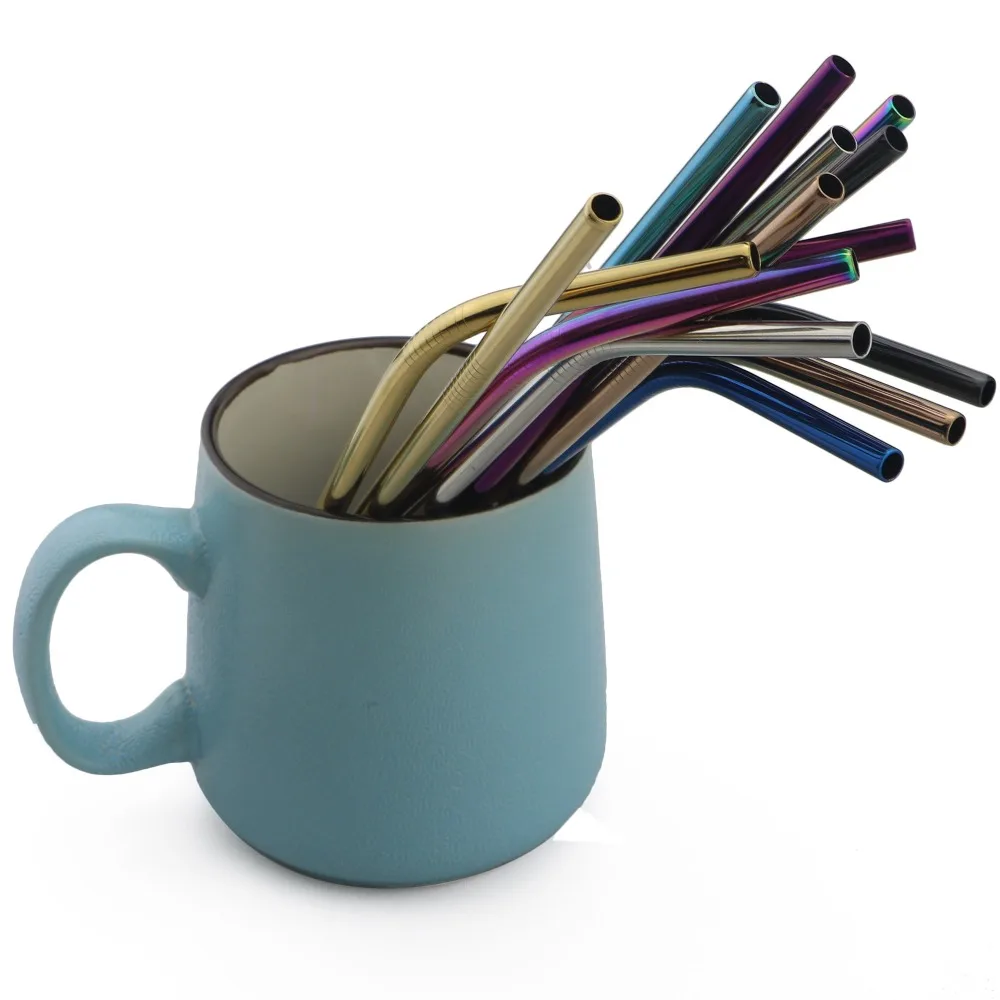 10 Pieces Set 100% Food Grade Reusable Drinking Straw 304 Stainless Steel Straws Straight Bent Metal Straw with Cleaner Brush Pouch