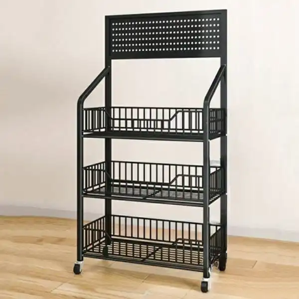 3 Tier Metal Wire Storage Shelf Display Rack with Wheels Black Stand Supermarket Retail Display Rack for Snacks Fruits Tools