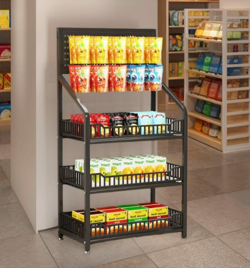3 Tier Metal Wire Storage Shelf Display Rack with Wheels Black Stand Supermarket Retail Display Rack for Snacks Fruits Tools