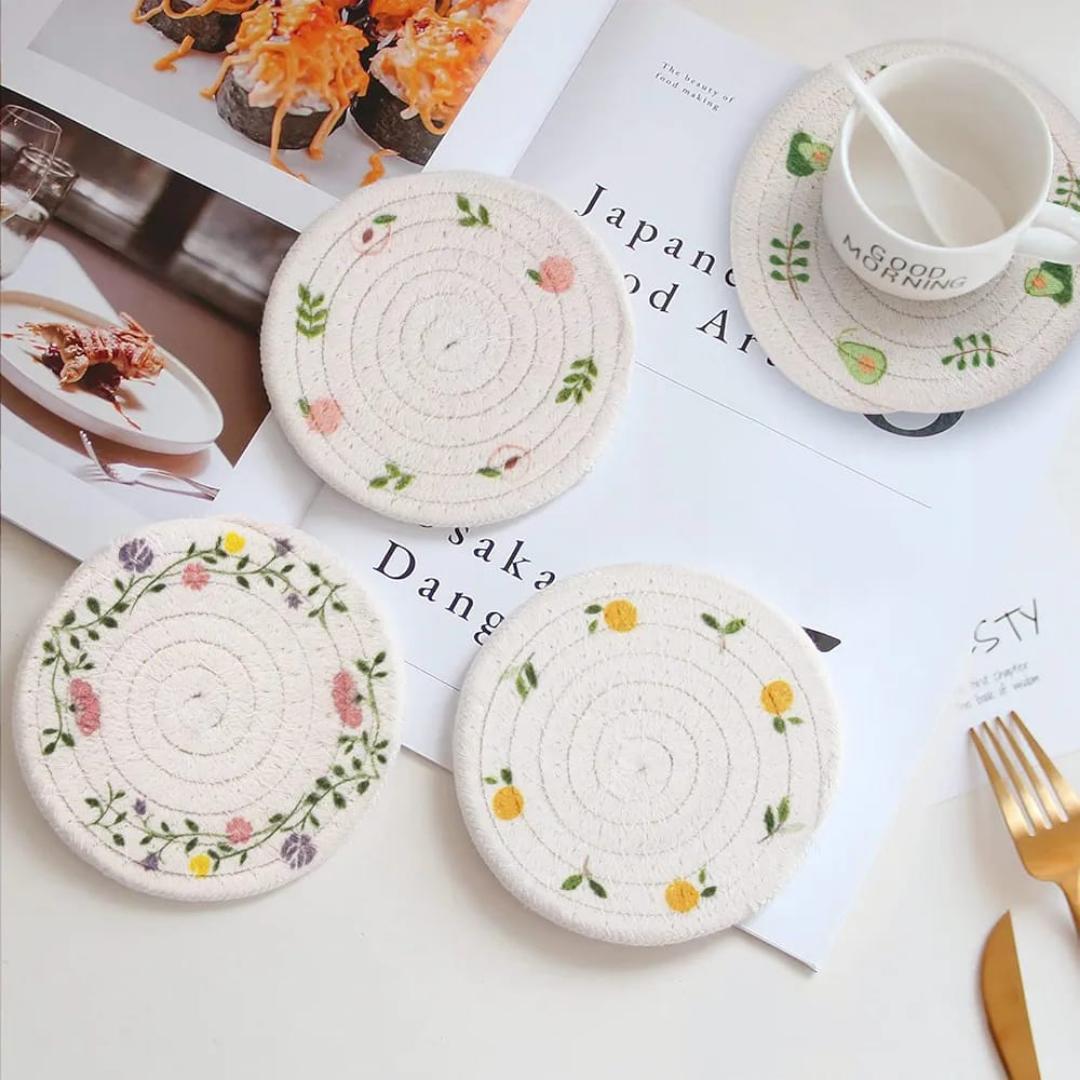 2pcs Insulation Placemats Heat-Resistant Dining Table Mats Floral Pattern Kitchen Bowl Pads Round Place Mats For Home