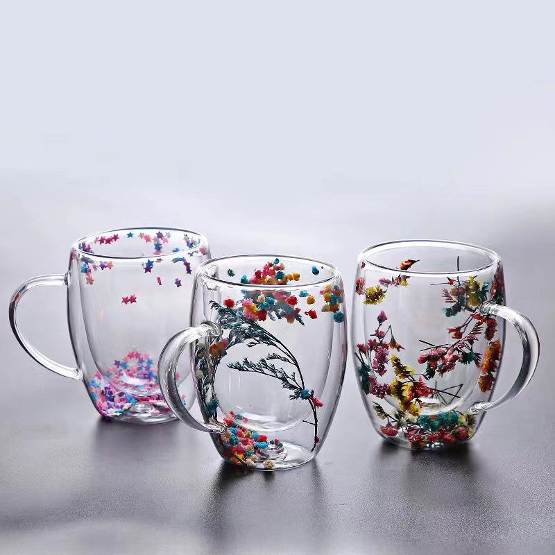 3pcs Set insulated double wall kitchen glass cup with decoarative dried flowers ...cup with handle house hold hot with capacity Oof 350MLS...For hot and cold...cold water cup and milk mug tea cup