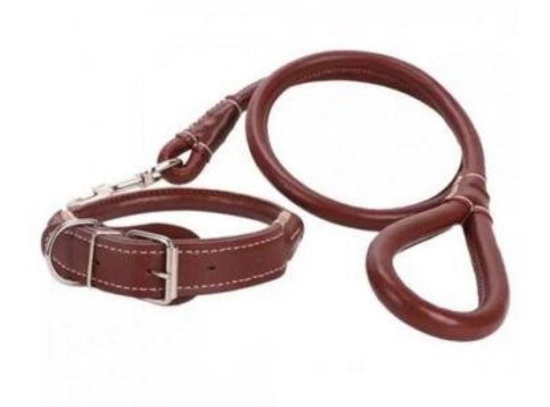 Comlete set easy grip rolled up leather dog collar and leash...Made of PU Leather,Adjustable collar,prevents tangling of hair under collar