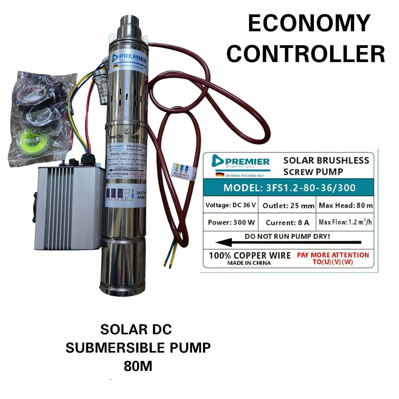 Economy Controller Solar DC Submersible pump....Solar Brushes Screw pump...voltage ;DC 36V]Power 300watts]Max head;80M]CURRENT 8A]MAX Flow 1.2]
