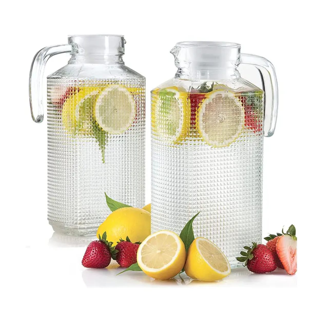 WATER JAR. Glass Water jar with Lid, High Borosilicate Glass Pitcher for Fridge, Water Jug with 2 Pouring Options, Perfect for Juice, Iced Tea, and Water Glasses. sturdy and has no strange odor.