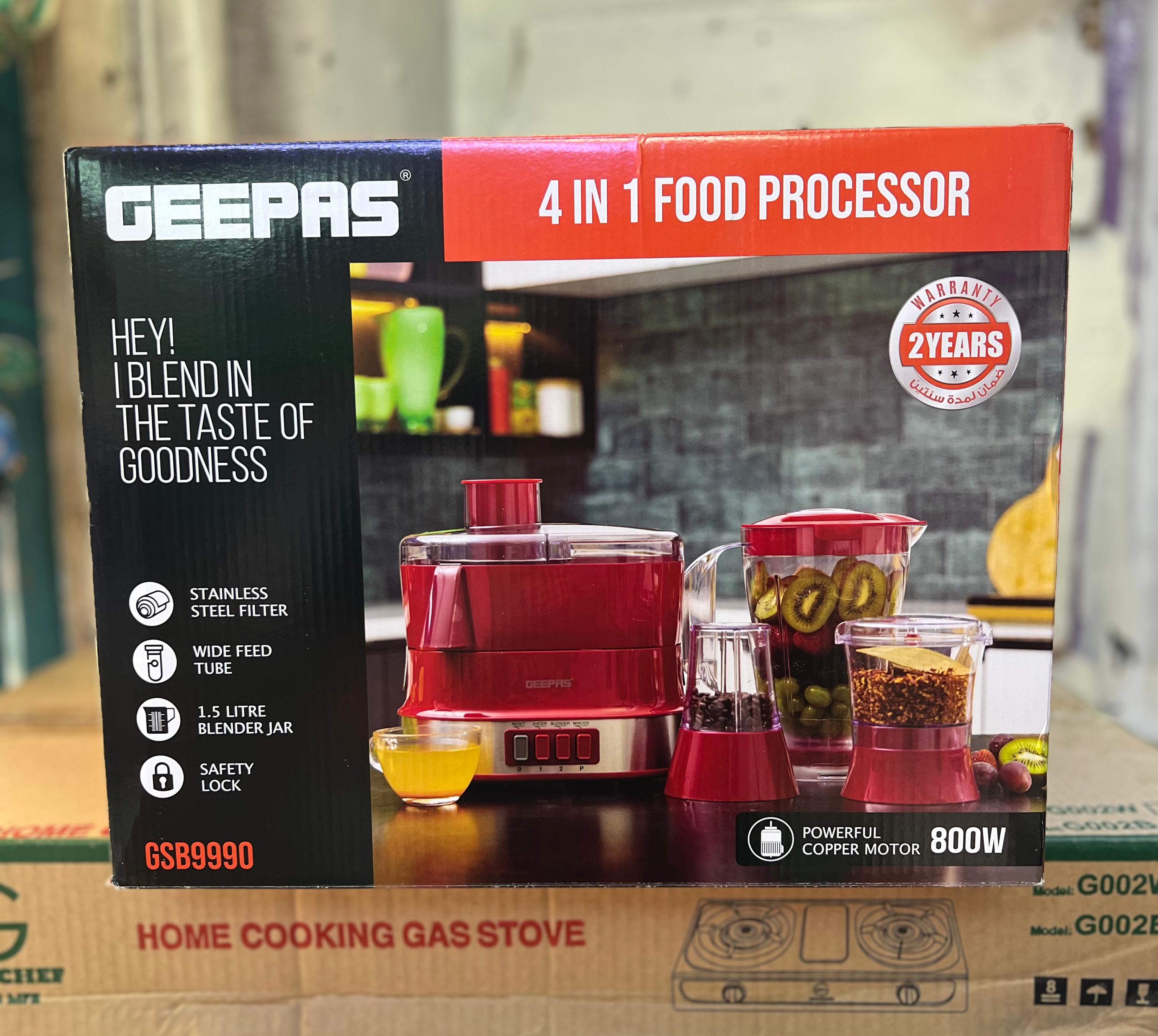 GEEPAS 4-IN-1 FOOD PROCESSOR – GSB9990. Powerful 800W copper motor – built for performance With 1.5L blender jar – perfect for juices, soups & smoothies.