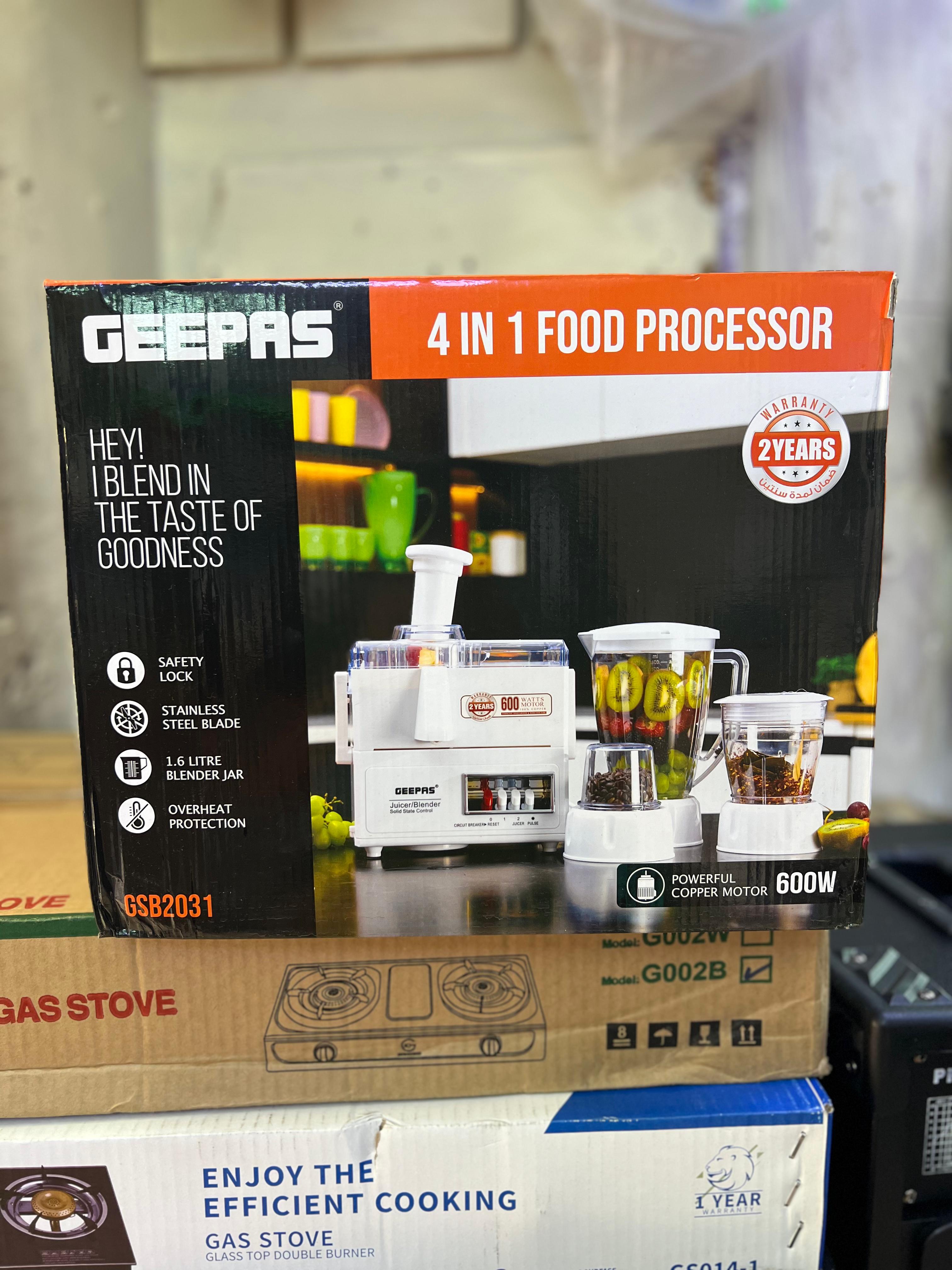 GEEPAS 4-IN-1 FOOD PROCESSOR – GSB2031. Powerful 600W copper motor,1.6L blender jar – ideal for juices, smoothies & sauces With 2-speed control + pulse function.