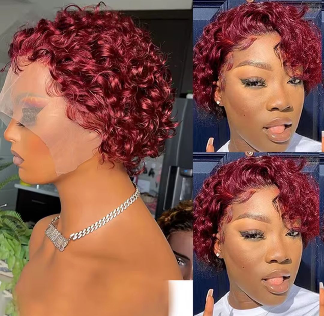 99J Burgundy pixie human hair wig water curl human hair, frontal wig short curly wig