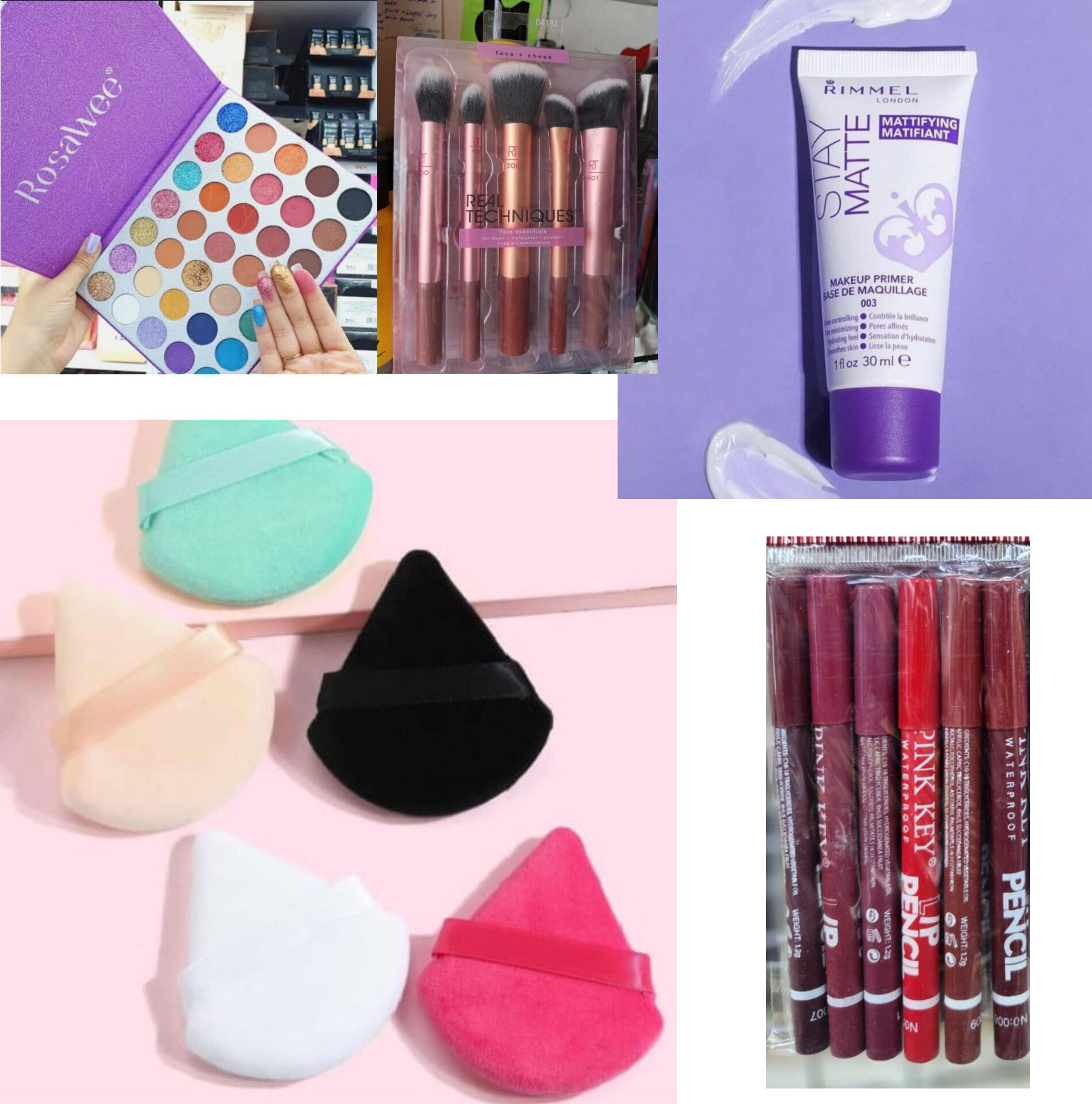 Makeup Eyeshadow palette,  Makeup brushes set,  primer, Lip liner,  powder puff   Makeup kit set