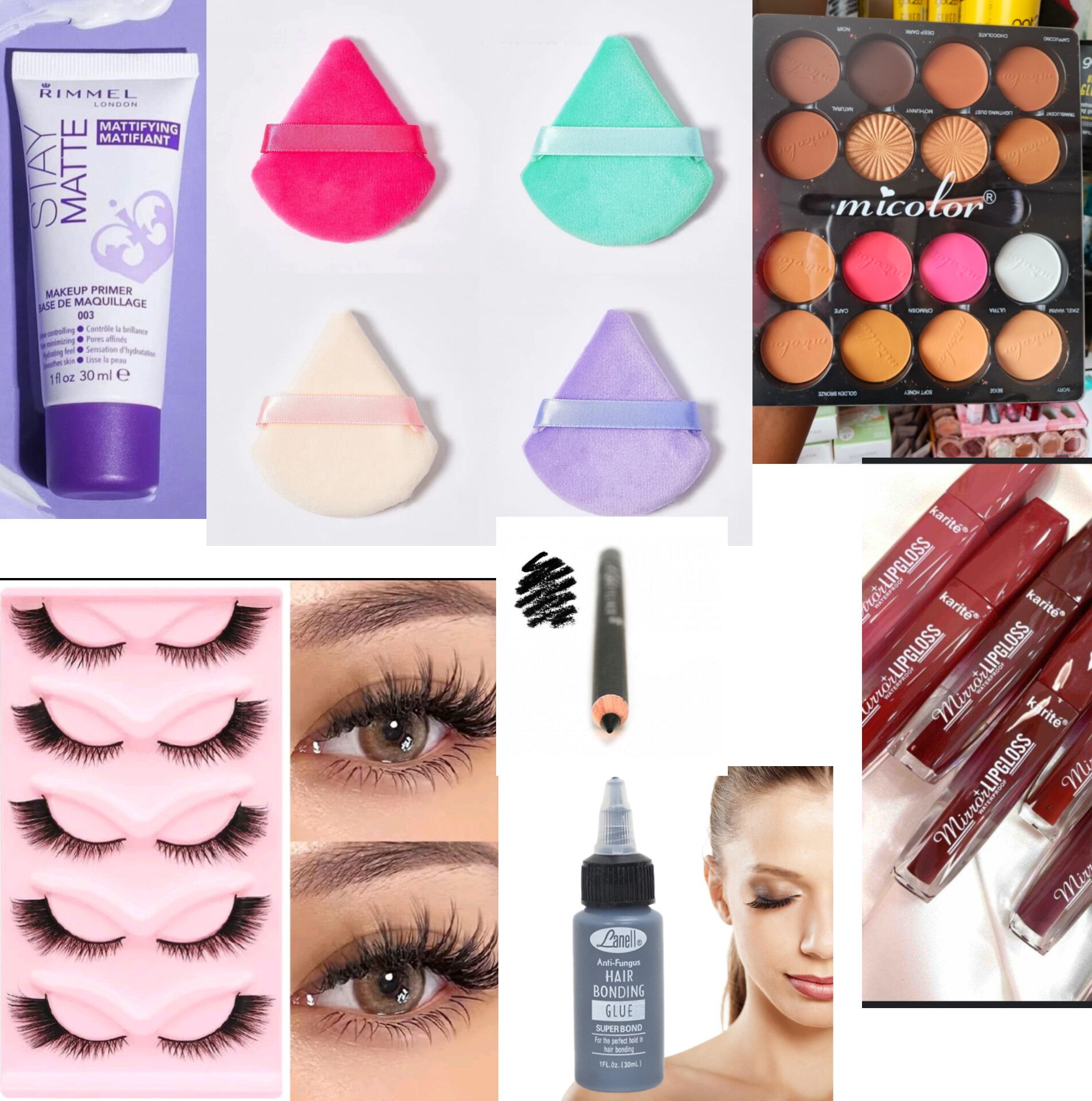 Beginner Makeup Artist Kit. Essential Tools For Makeup Artists- 3pxs Lipstick gloss, Contour palette powder, 5pcs Eyelashes, Lash glue, Eye pencil, powder puff, primer