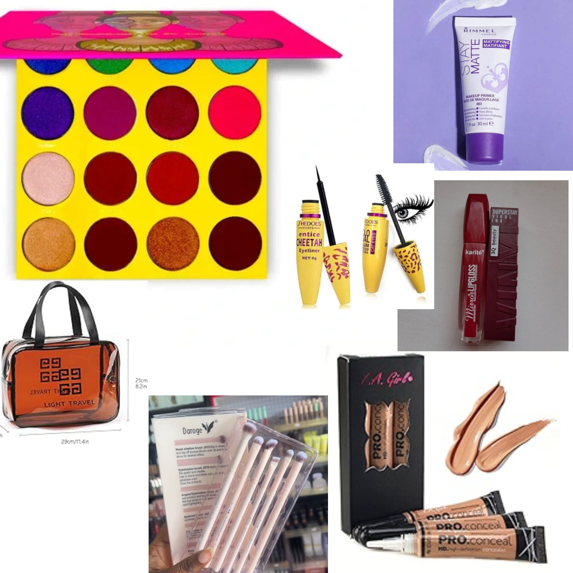 Full Makeup Face beat kit set;  Juvias Eyeshadow palette,  Rimmel primer,  Mascara, Eyeliner, 2pcs Lipstick + Lipstick gloss, Makeup Bag,  3pcs concealer, Eyeshadow brushes set,