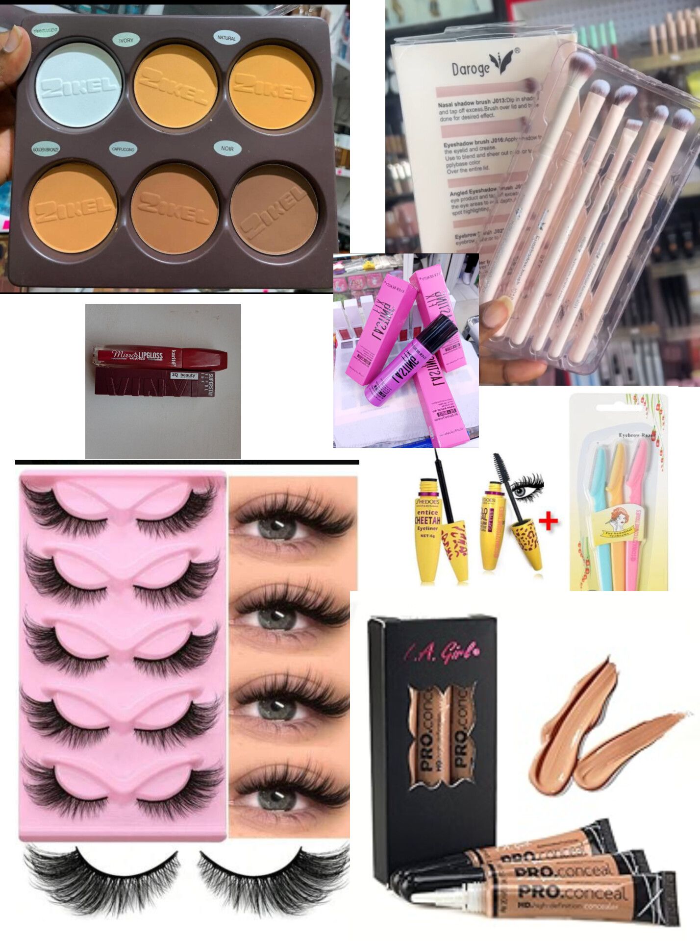 Makeup kit set ;  5pcs Eyelashes,  3pcs Concealer,  Eyebrow trimmer,  Makeup Eyeshadow brushes set,  2pcs Lipstick gloss + Lipstick,  setting spray, Contour palette, Mascara, Eyeliner,