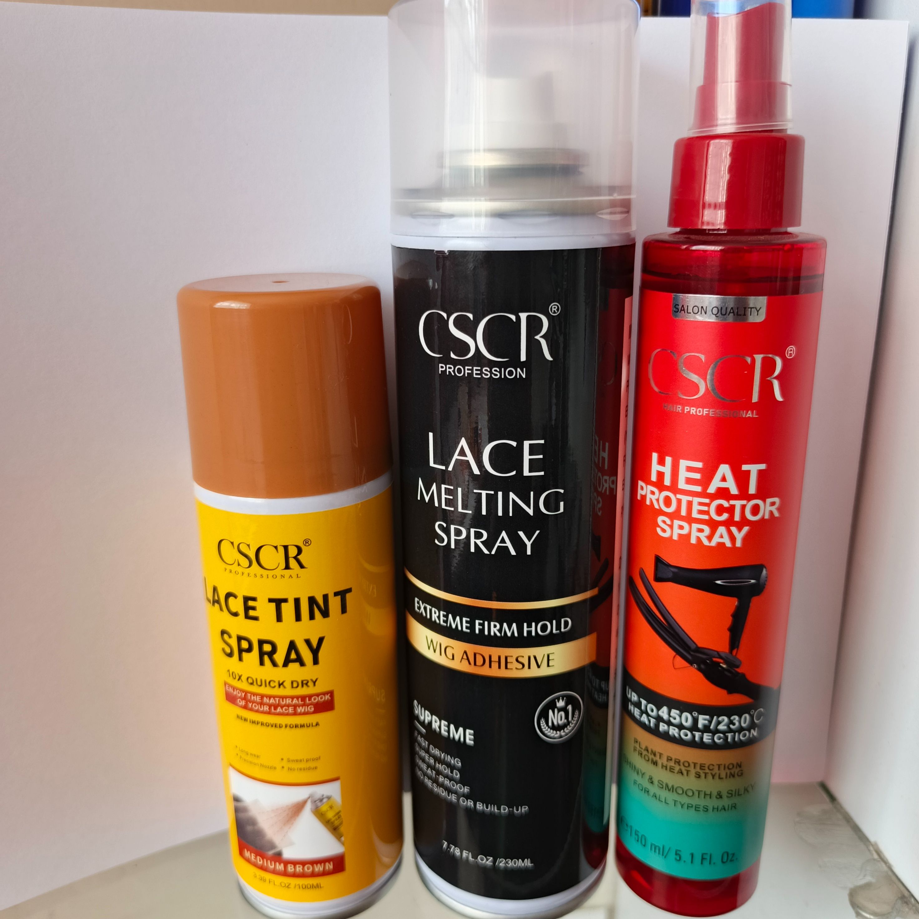 CSCR Wig Lace Melting 3pcs Lace melting spray, Heat protection spray, Lace tint spray