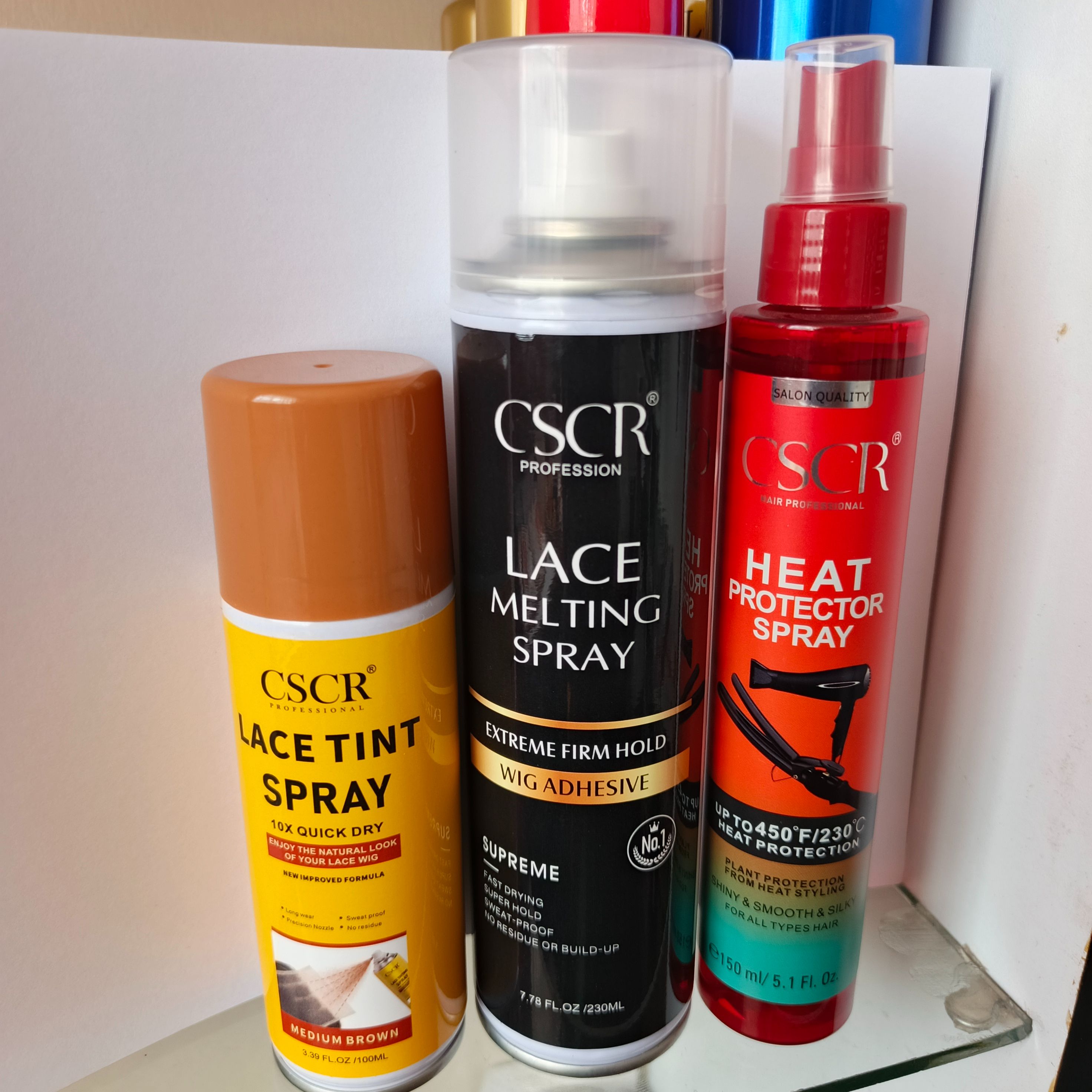 CSCR Wig Lace Melting 3pcs Lace melting spray, Heat protection spray, Lace tint spray