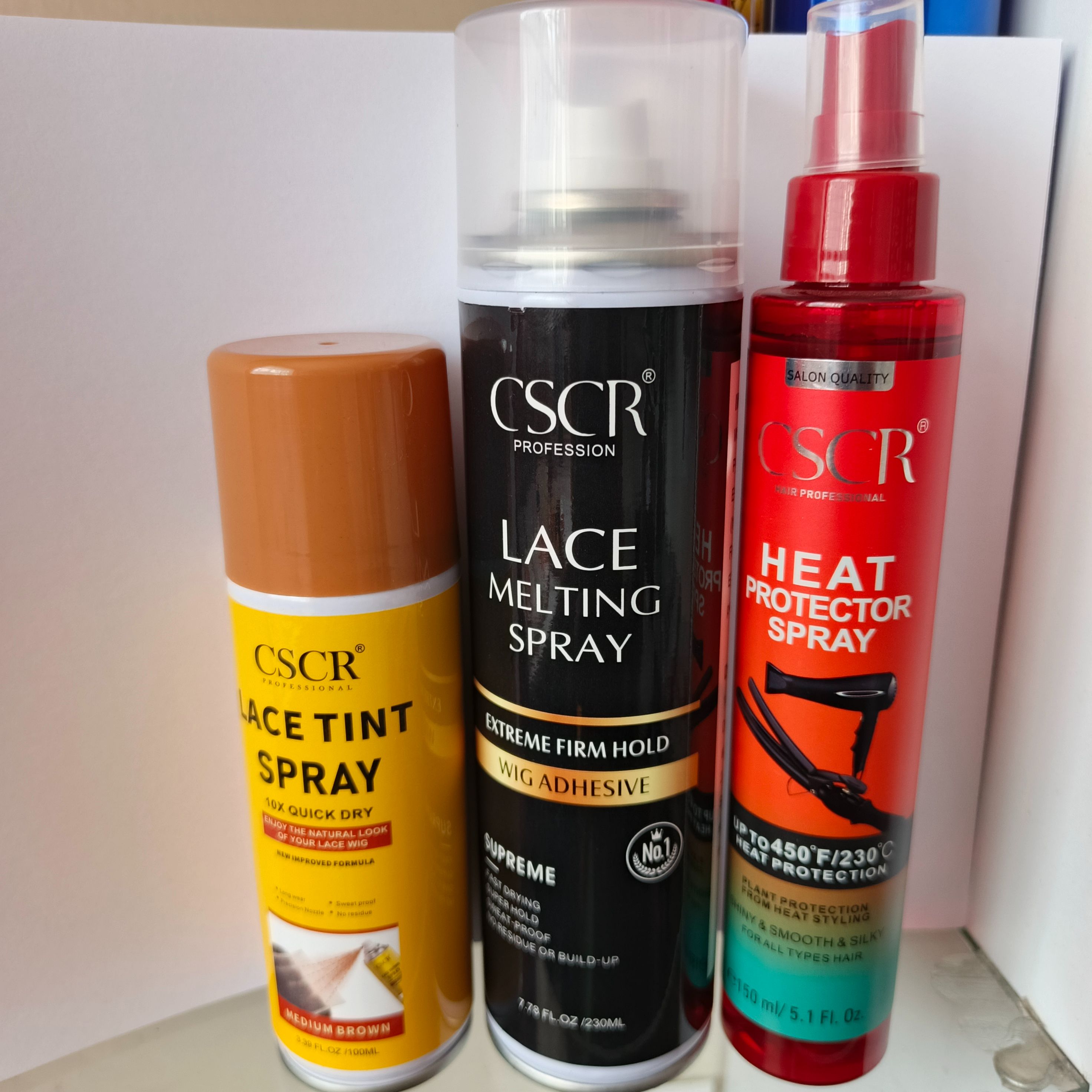CSCR Wig Lace Melting 3pcs Lace melting spray, Heat protection spray, Lace tint spray